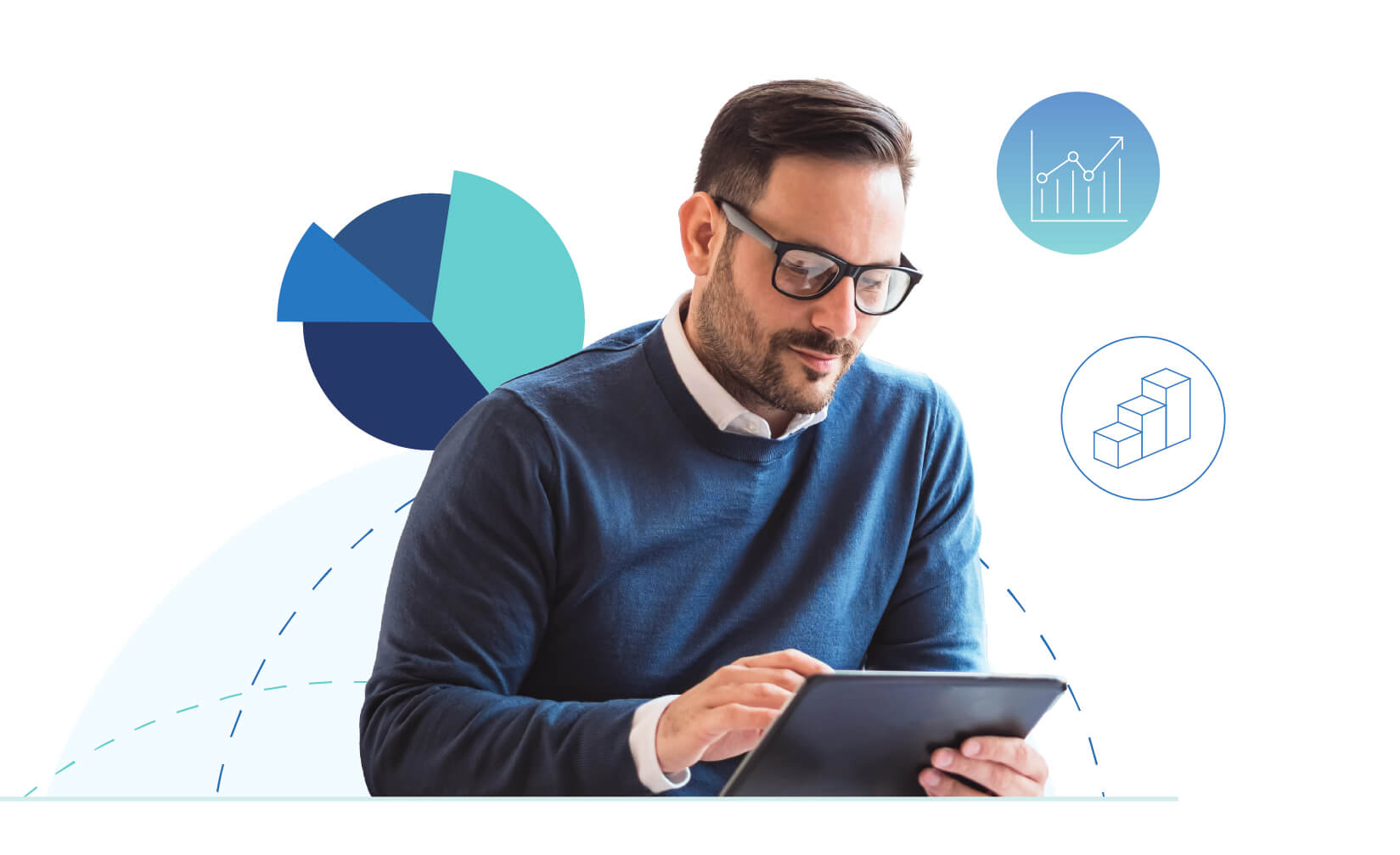 financial institution leader viewing tablet with graphics